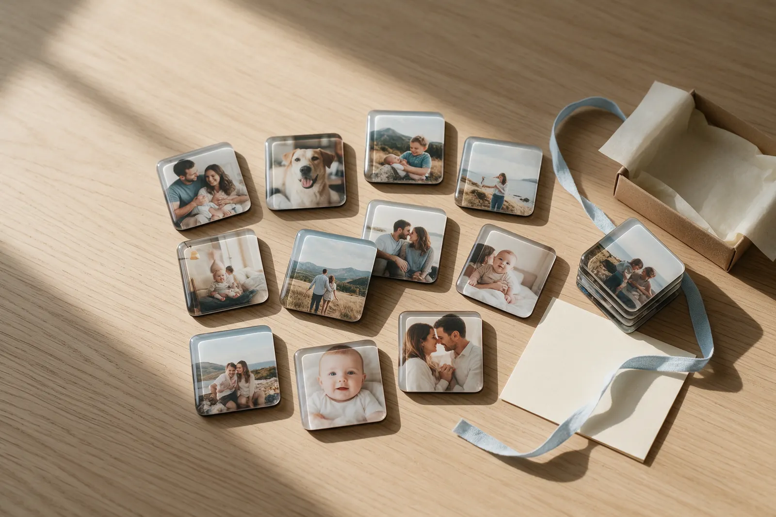 Doze ímãs com fotos de família, bebê, cachorro e viagens sobre uma mesa de madeira clara, ao lado de uma caixinha kraft e uma fita azul