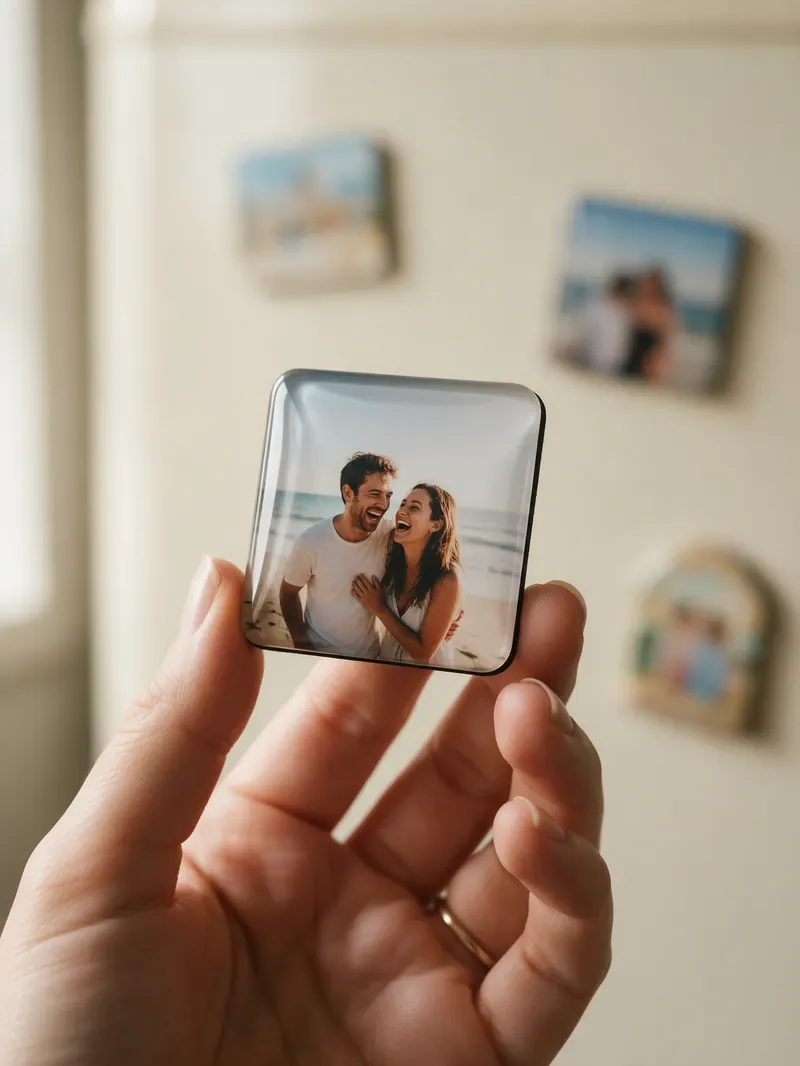 Mão segurando um ímã de 5 por 5 centímetros com foto de um casal na praia